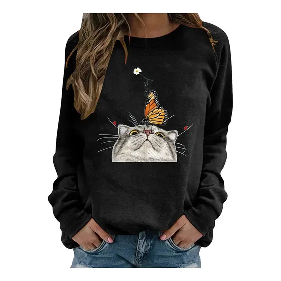 Linda Sudadera Estampado Gato Cuello Redondo Manga Larga