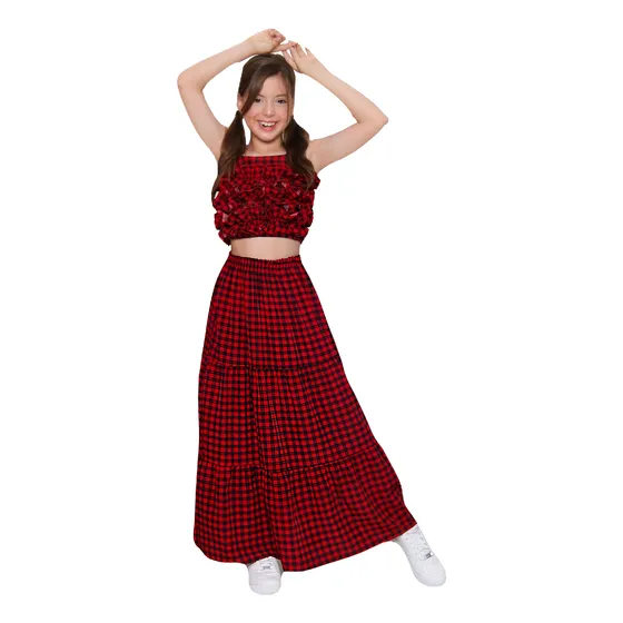 Conjunto Feminino Xadrez Juvenil Saia Longa E Croped Moda