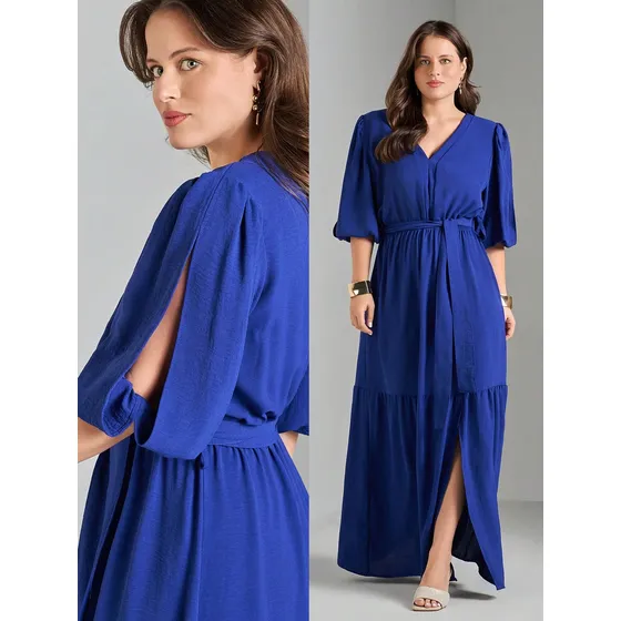 Vestido Longo Plus Size Duna Feminino Decote V Faixa Fenda