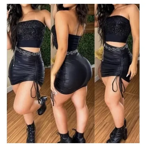 Saia Parece Couro Cirrê Plus Size Com Ziper E Cinto Faixa