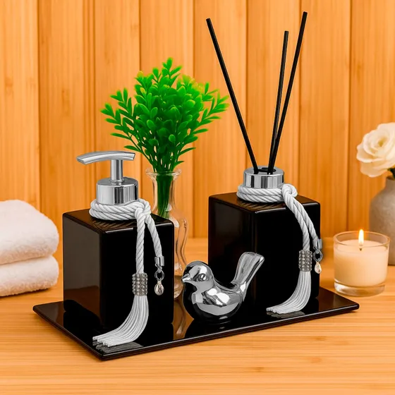 Kit Lavabo Luxo C/ Vasinho Porta Saboneteira E Aromatizador