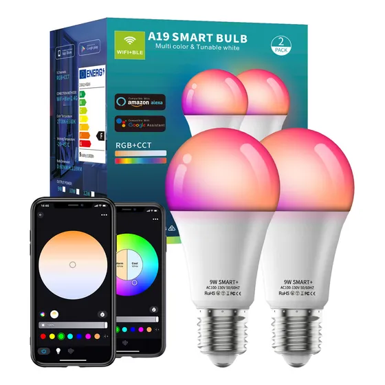 Vanance 2 Focos Led Inteligente Wifi RGBCW Alexa Google Siri E26/E27 9W 800lm Multicolor Smart Bombilla 2700-6500k Ajustable Foco Bluetooth Luces RGB Música Voz Control De Android IOS APP
