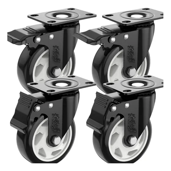 Kit 4 Rodinhas Para Moveis Pesados Rodízio Roda Grande Reforçada Com Trava Dupla Placa Superior Giratória 3 Polegadas 75mm Material Pvc Ideal Para Moveis, Carrinhos, Bancadas Cor Preta Marca Rrj