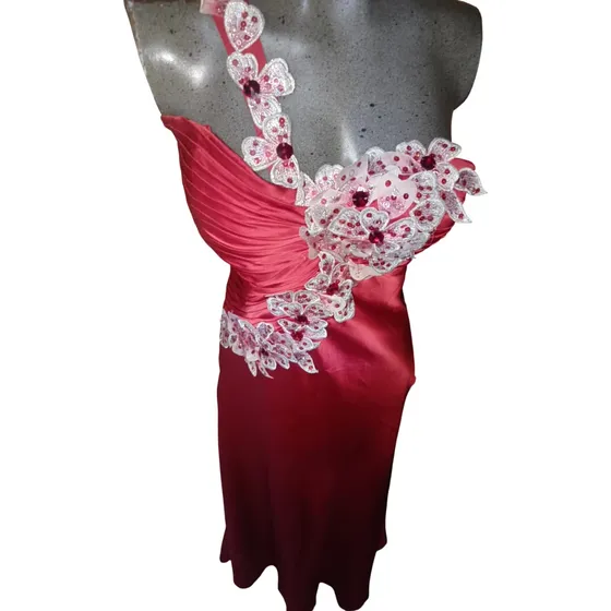 Elegante Vestido De Dama Rojo Satinado 100% Seda Talla M