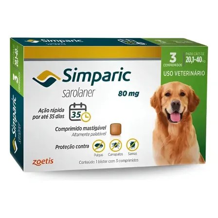 Simparic 80mg 3 Comprimidos Antipulgas Cães 20-40kg Zoetis