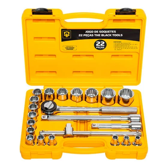 Jogo De Soquete Black Tools BCS022 Reversível 1/2 Pol Profissonal Com Catraca