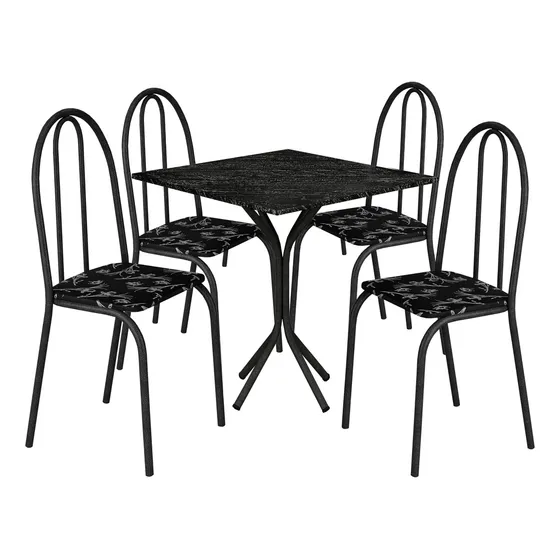 Jogo Mesa Jantar Cozinha Quadrada 4 Cadeiras Ferro Resistente C/ Assento Cor Preto Martelado Ps Móveis