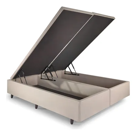 Base Box Baú King 193x203x42cm Linho Bege Com Pistão A Gás