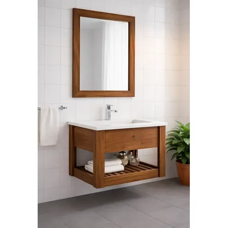 Vanitory Colgante 50cm Nórdico Bacha + Griferia + Espejo Marrón Blanco Un Agujero