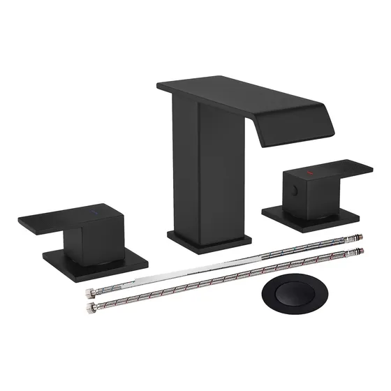 Grifo Baño Tipo Cascada Color Negro Mate 3 Agujero 2 Manija