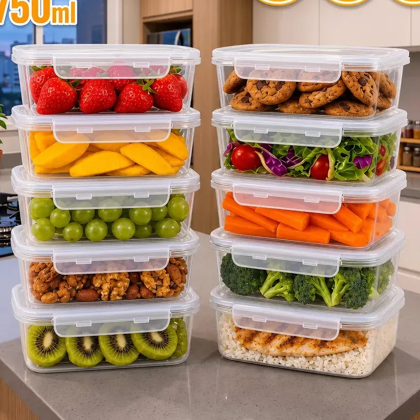 Kit 10 Potes 750ml com Tampa Trava Plástico Transparente para Mantimentos e Alimentos Marmita Organizador de Cozinha Geladeira e Freezer Jogo de Potes para Organização Ponte Lar Utilidades