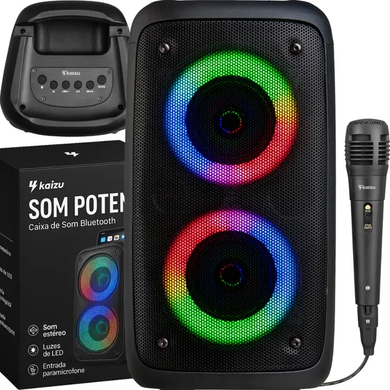 Caixa De Som Bluetooth Potente 7.1 Portatil USB Sd Pendrive Karaoke Led RGB Com Microfone 127/220V Kaizu