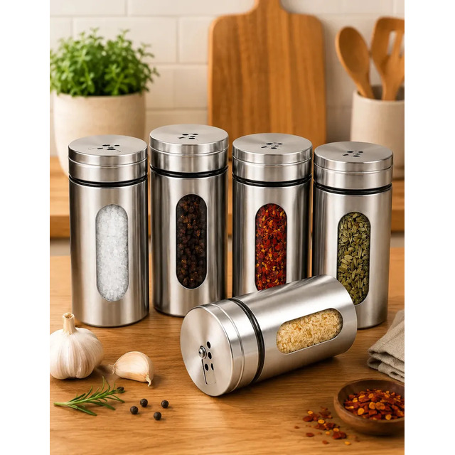 Kit 5 Porta-temperos De Aço Inoxidável Com Visor, Potes De 96ml Para Condimentos Prateado