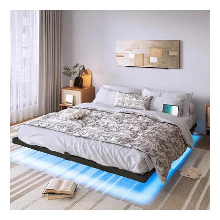 Base De Cama Flotante King Size Con Luces Led+usb+tomas Negro Base Individual Metal Bases Cama King Size