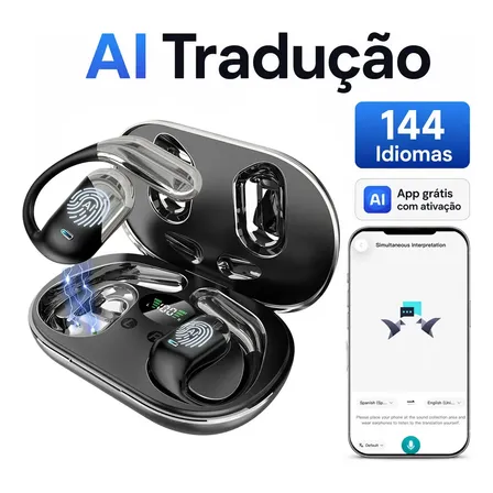 Fone Tradutor Bluetooth Hancdon 144 Idiomas App Gratuito Com Ativação Cinza Preto