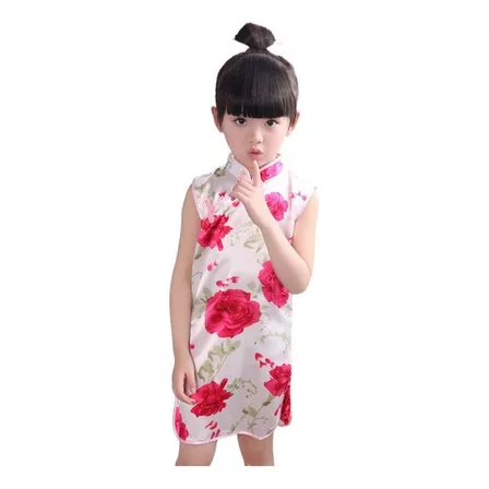 Vestido Chino De Niña Cheongsam Pavo Real De Una Sola Pieza