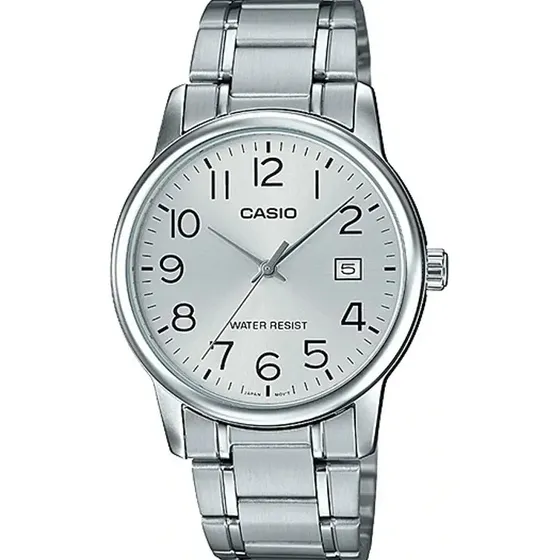 Reloj Casio Quartz Mtpv002 Hombre Acero Fechador Full Correa Plateado Bisel Plateado Fondo Plateado