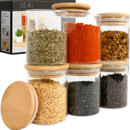 Kit 6 Potes Porta Temperos Vidro Borossilicato Hermético Tampa Bambu Organizador Cozinha 200 ml Seiri