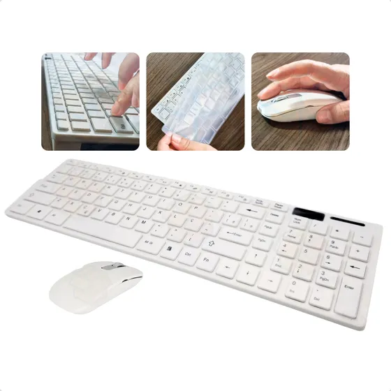 Teclado Mouse Escritório Sem Fio Wireless Fino Slim Branco
