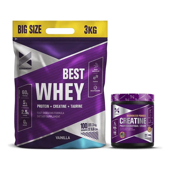 Proteina Xtrenght Best Whey 3 Kg + Creatina 500 Gr Sabor Vainilla