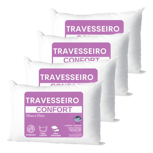 Kit Travesseiros 50x70 Lavável 4 Unidades Fibra Siliconada Kit Travesseiros 50x70 Lavável 4 Unidades Fibra Siliconada