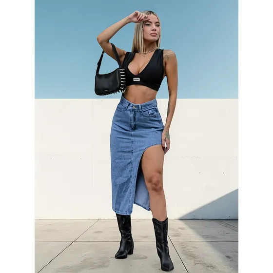 Falda Pollera Jean Larga Midi Irregular Asimetrica