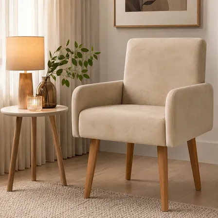 Poltrona Rebeca De Veludo Luxo Sala Quarto Pés De Madeira Veludo Areia