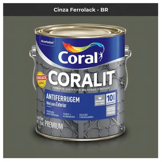 Esmalte Sintético Coralit Brilhante Antiferrugem Galão 3,6l Cor Cinza