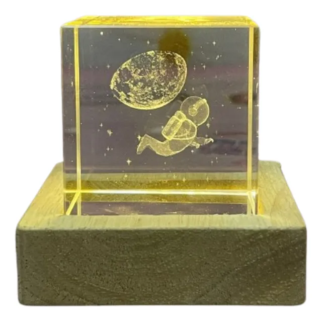 Lampara Nocturna 3d Cubo De Cristal Luna Con Base Madera