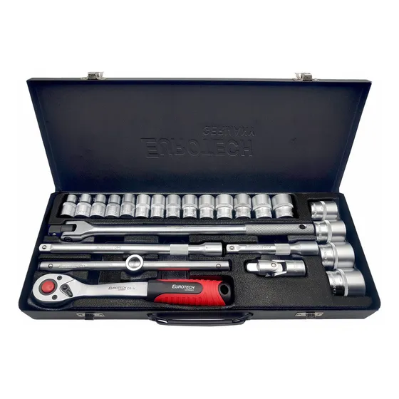 Juego Tubos Dados Multi Estriados + 2 Extensiones + Movimiento Universal + Llave Cricket + Mango Corredizo + Palanca De Fuerza | Eurotech