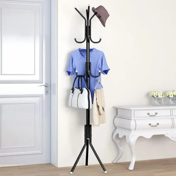Perchero Jazak De Pie Con 12 Ganchos / Para Colgar Ropa / Organizador / Modelo Reforzado / Super Estable Y Resistente / Moderno / Mide 1,70 Cm De Alto / Color Negro Con Detalles En Blanco