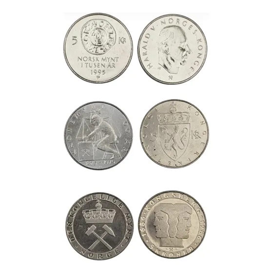 Lote 3 Monedas De Noruega 5 Coronas  Años 1975,1986,1995