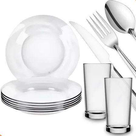 Aparelho De Jantar 30 Peças - Pratos + Copos + Talheres Inox