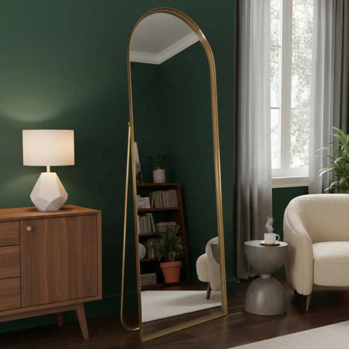 Espelho De Chão Base Reta Corpo Inteiro Com Moldura E Suporte Dourado 146x36cm