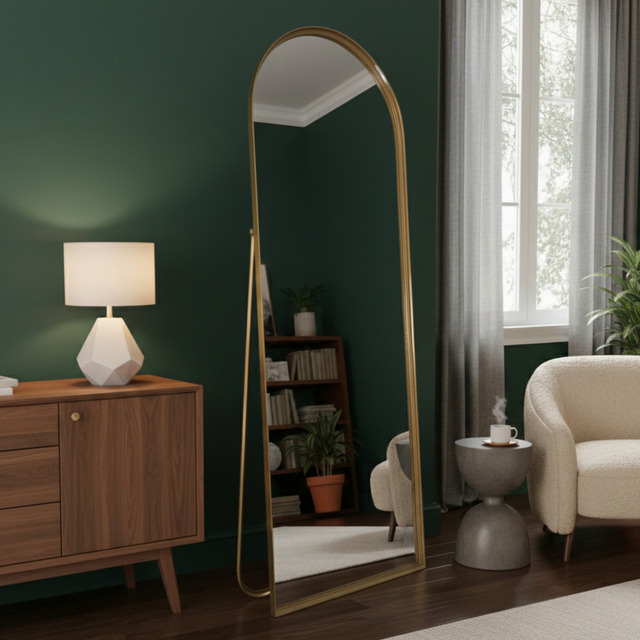 Espelho De Chão Base Reta Corpo Inteiro Com Moldura E Suporte Dourado 146x36cm