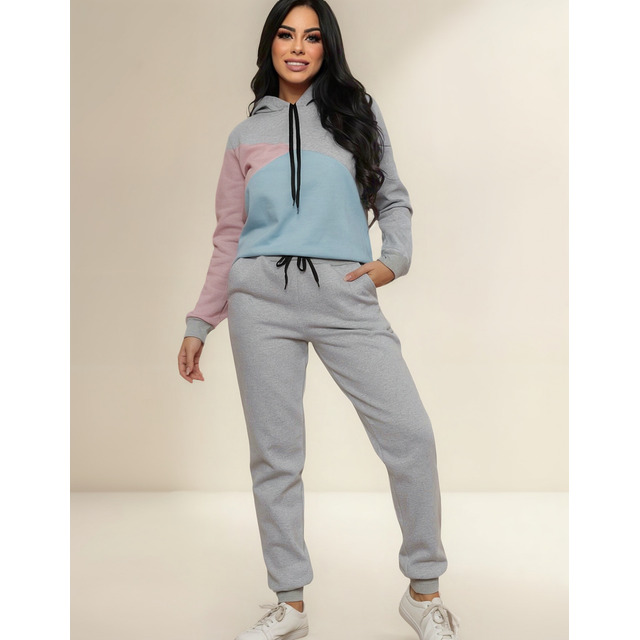 Conjunto Feminino De Moletom Flanelado Com Capuz E Cordão