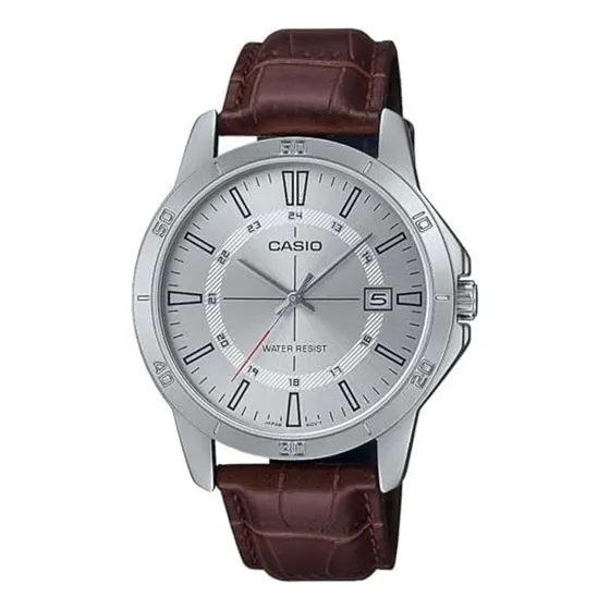 Reloj Casio Mtpv004l 7c Hombre Correa Fechador Correa Marrón Bisel Plateado Fondo Plateado MTP-V004L-7C
