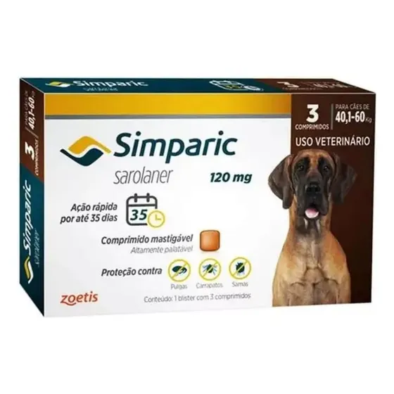 Simparic 120mg Zoetis p/ cães 40 A 60kg com 3 Comprimidos-Sarna-Carrapato-Pulga- Comprimido mastigável- Palatável- Ação rápida