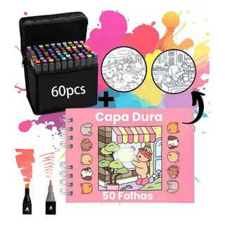 Kit 60 Canetas Ponta Dupla + Kit Livro De Colori Kit 60 Canetas Ponta Dupla + Kit Livro De Colori