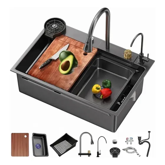 Pileta Cocina Bacha Doble Multifuncion Acero Inox Completa Color Negro | Cuotas sin interés