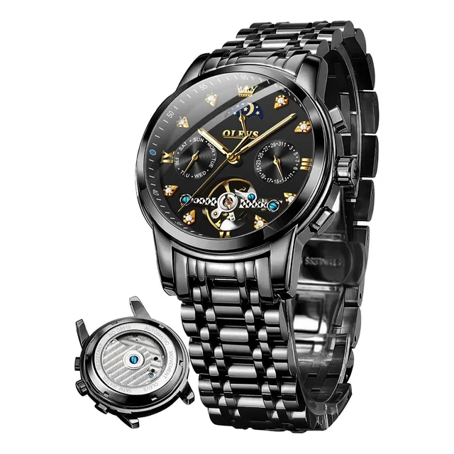 Olevs Hombre Reloj Automático Negro Reloj Esqueleto Snrve