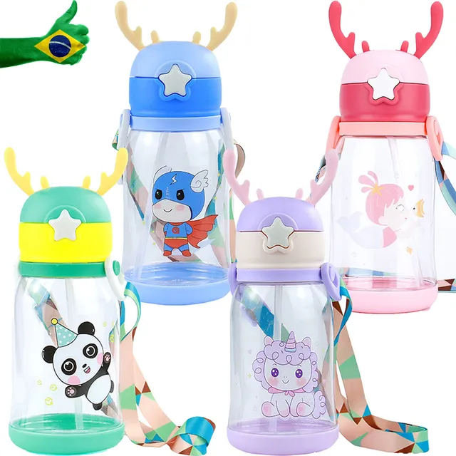 Kit 4 Garrafa De Agua Infantil Squeeze Com Canudo Alça 600ml