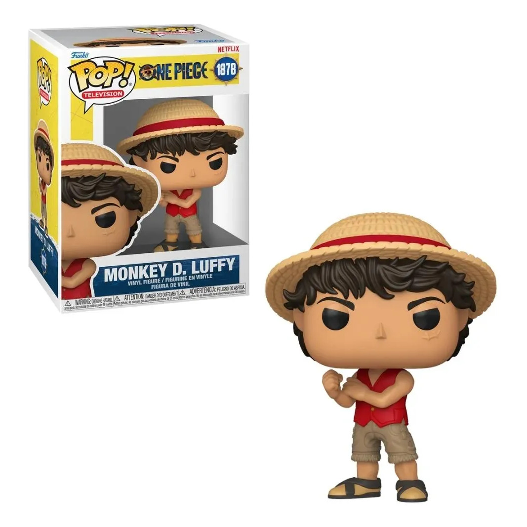 Boneco Funko Pop! do Monkey D. Luffy da série One Piece Live Action, exibido ao lado de sua caixa original com a numeração 1878.