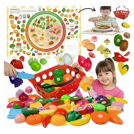Brinquedo Unotoys Cozinha Educativa Frutas Cesta E Faquinha Plástico Colorido