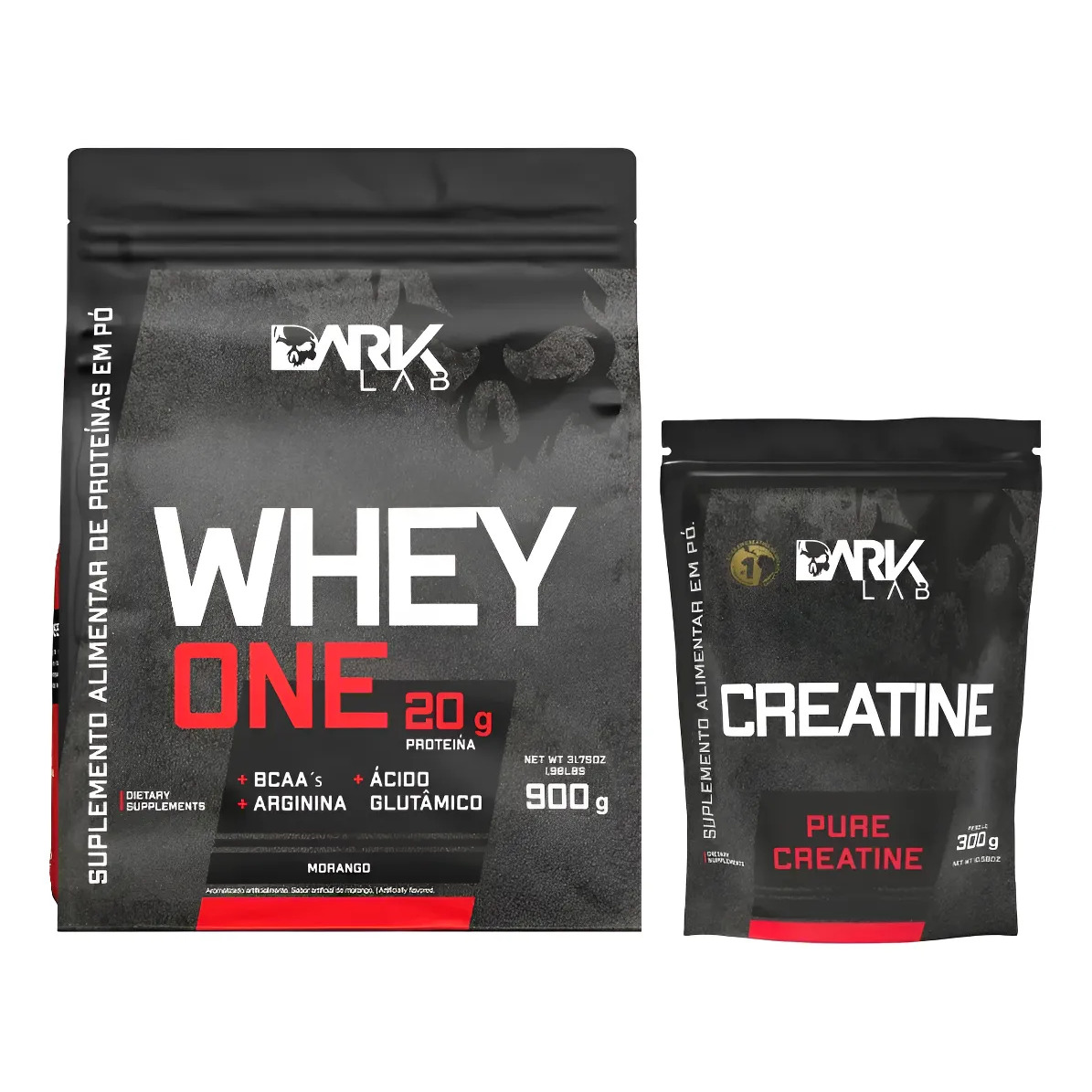Whey Protein One Refil 900g Morango + Creatina Monohidratada 100% Pura 300g Refil Dark Lab