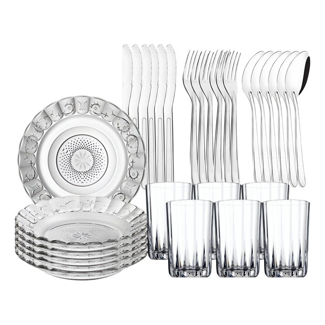 Kit Aparelho De Jantar 30 Peças Pratos Copos E Talheres Inox Kit Aparelho De Jantar 30 Peças Pratos Copos E Talheres Inox