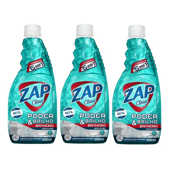 Kit 3un Limpa Banheiro S/ Cloro Zap Clean 500ml - Refil
