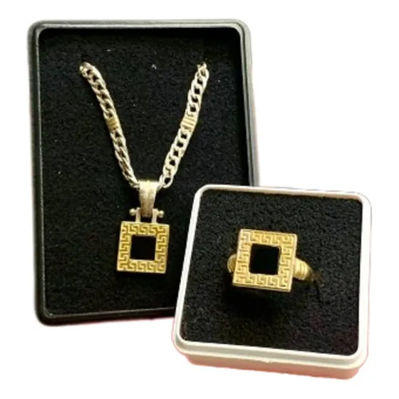 Cadena Groumet Dije Y Anillo Con Onix Cuadrados Ideal Hombre