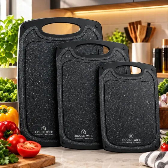 Kit com 3 Tábuas de Corte Retangulares de Polipropileno Antiderrapante Preto para Legumes e Churrasco
