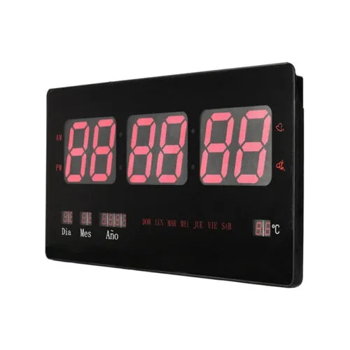 Reloj Digital Pared Luz Led Hora Fecha Temperatura 45x22cm